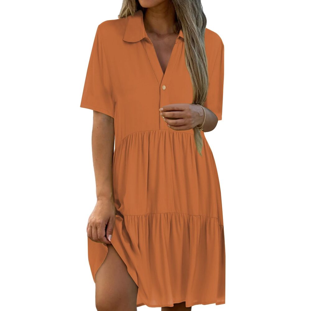 7848 Brown Casual Summer Dresses Beach Vacation Travel Lapel V Neck Dresses